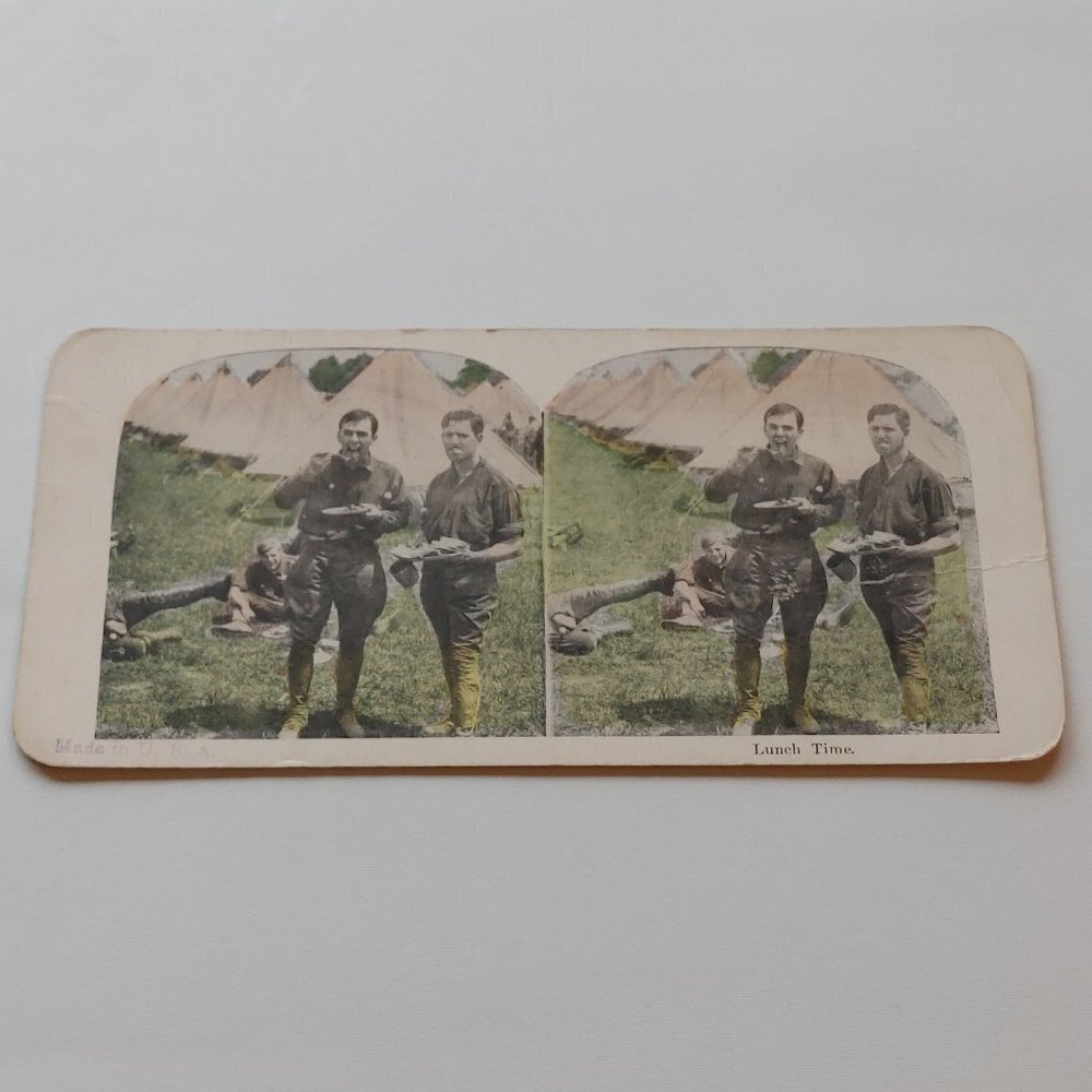 Antique Stereograph Card "Lunch Time" for the troops Made in USA Colour Card